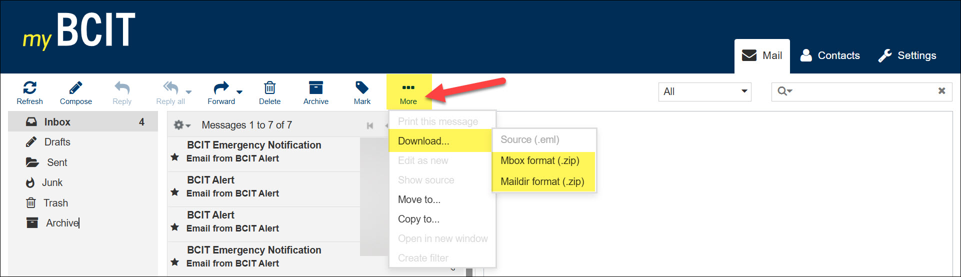 Screenshot myBCIT email and clicking on More and then Download and selecting wither Mbox or Maildir format