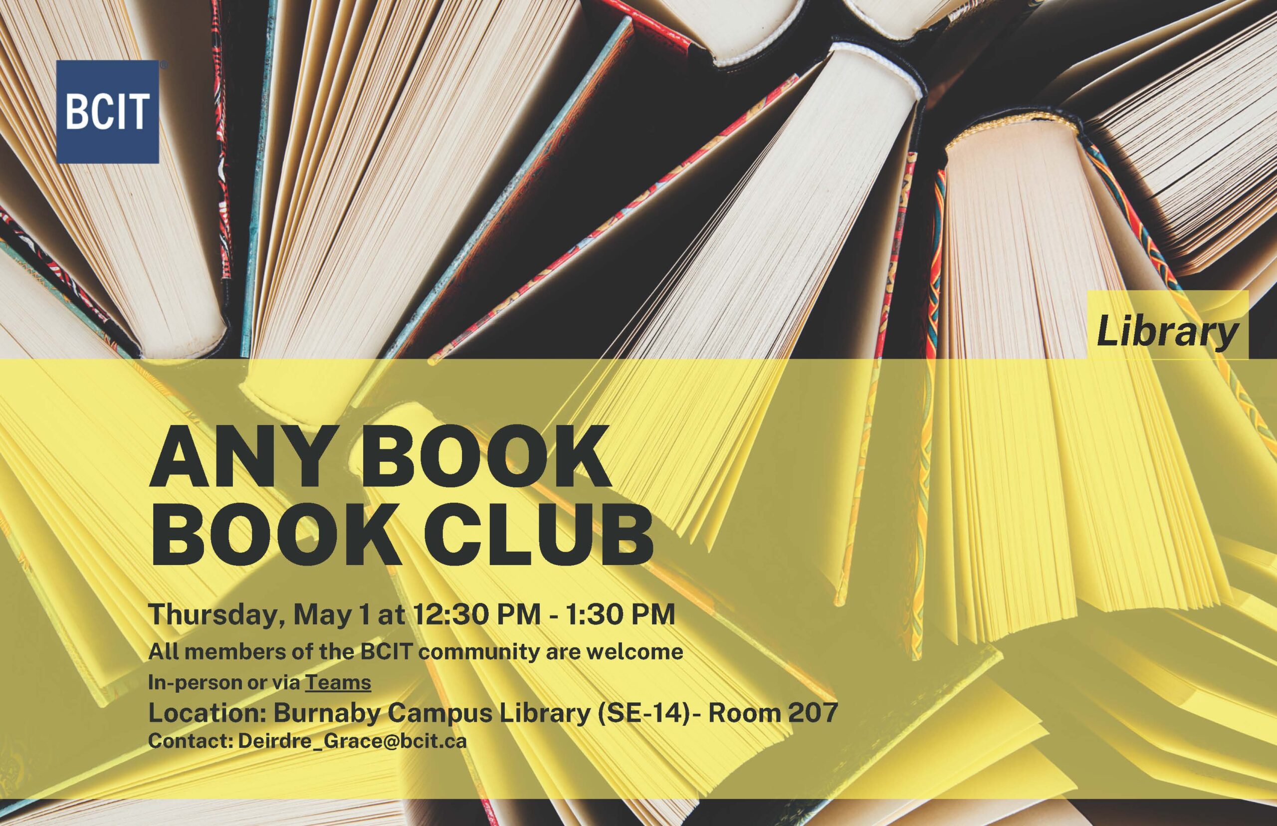 Any book book club on May 1 from 12:30 to 1:30 PM