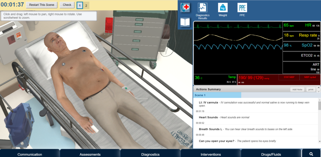 screen shot of virtual patient program with animation of patient lying on stretcher