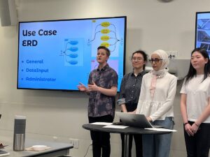 four women stand in front of a screen showing schematics of an app