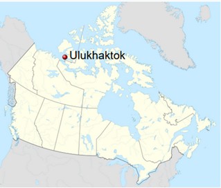 map of Canada showing Ulukhaktok in the NWT in central NWT on the coast of a large island