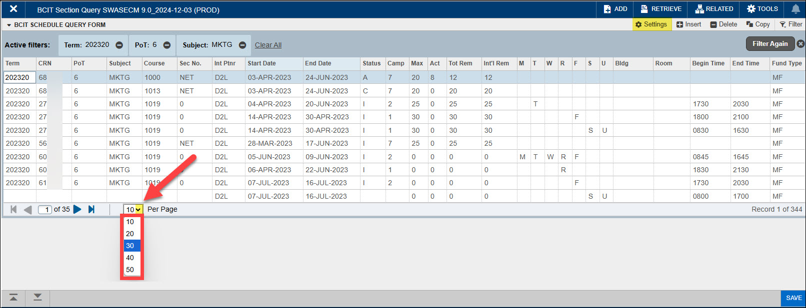 Screenshot of Banner screen showing the Settings button and changing pagination