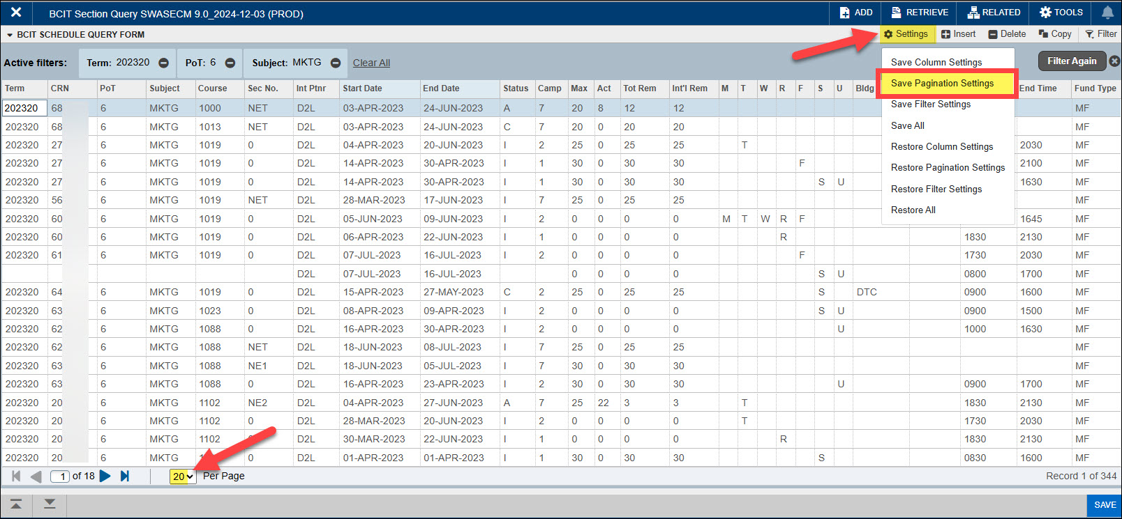 Screenshot of Banner Settings and selecting Save Pagination Settings 