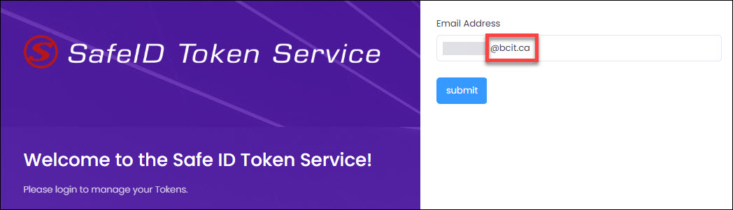 Screenshot of SafeID Token Service and signing in with BCIT employee email address