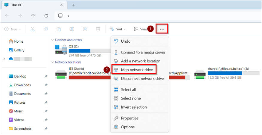 Screenshot of going into File Explorer and navigating to Map Network Drive