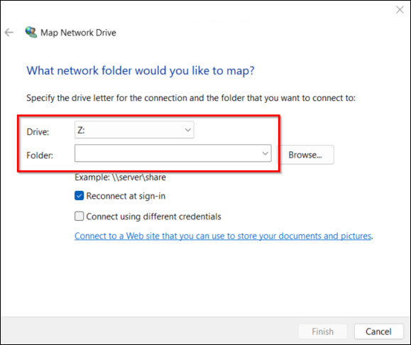 Screenshot of the Map Network Drive and setting up the Drive and Folder
