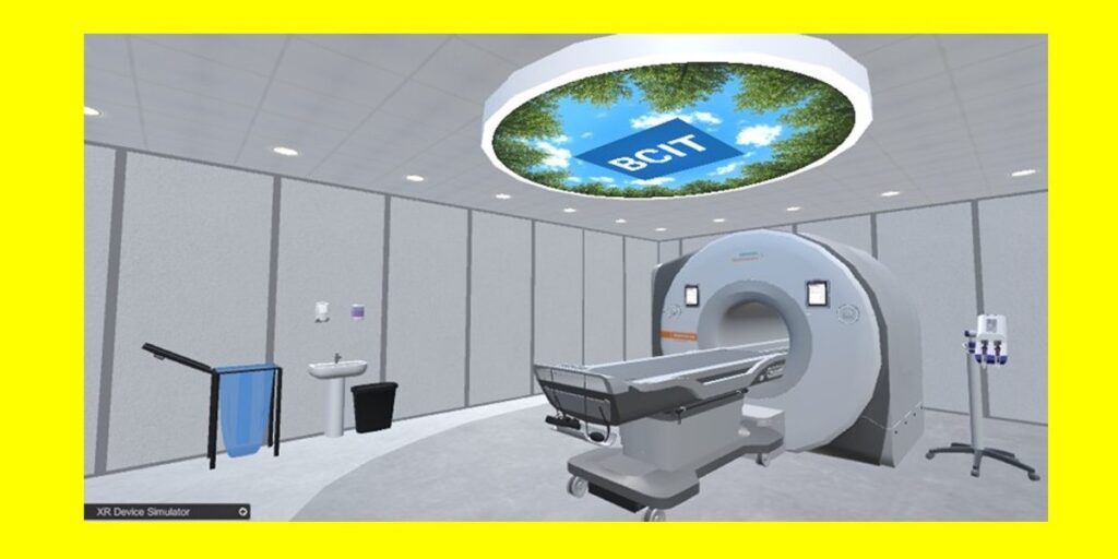 Virtual Reality-generated image of an MRI machine with BCIT logo