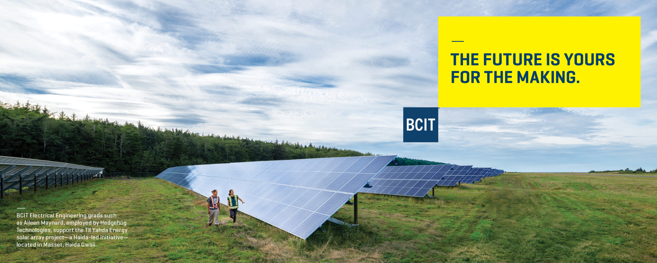 Better Future campaign photo with Aileen Maynard and solar panels in Haida Gwaii.