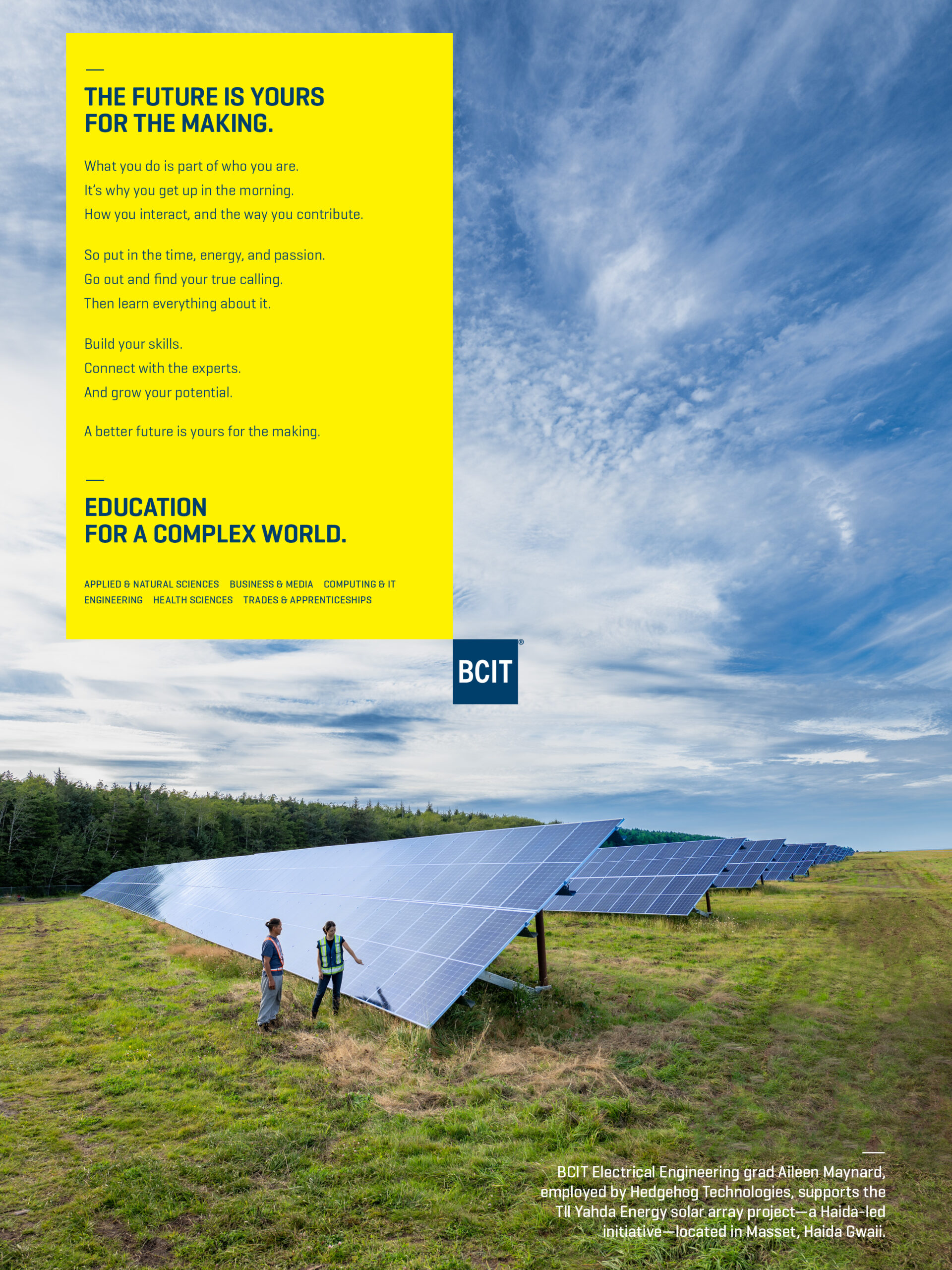 Better Future campaign photo with Aileen Maynard and solar panels in Haida Gwaii.