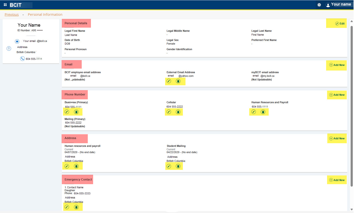 Screenshot Employee Dashboard and Personal Information page