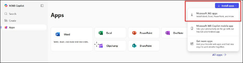 Screenshot of Office 365 and clicking on Install apps