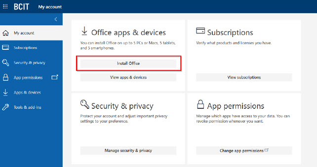Screenshot Office 365 and in My Account to click Install Office