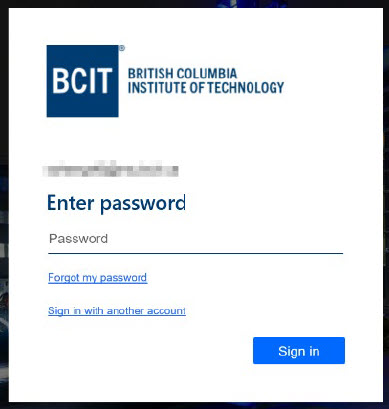 Screenshot Office365 and entering your BCIT password