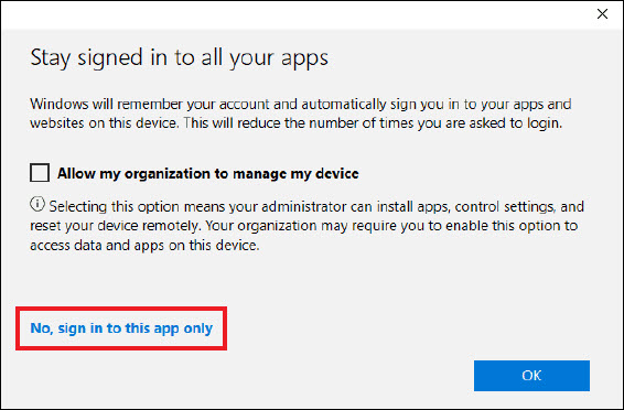 Screenshot Office 365 and in the message box Stay sign in to all you apps