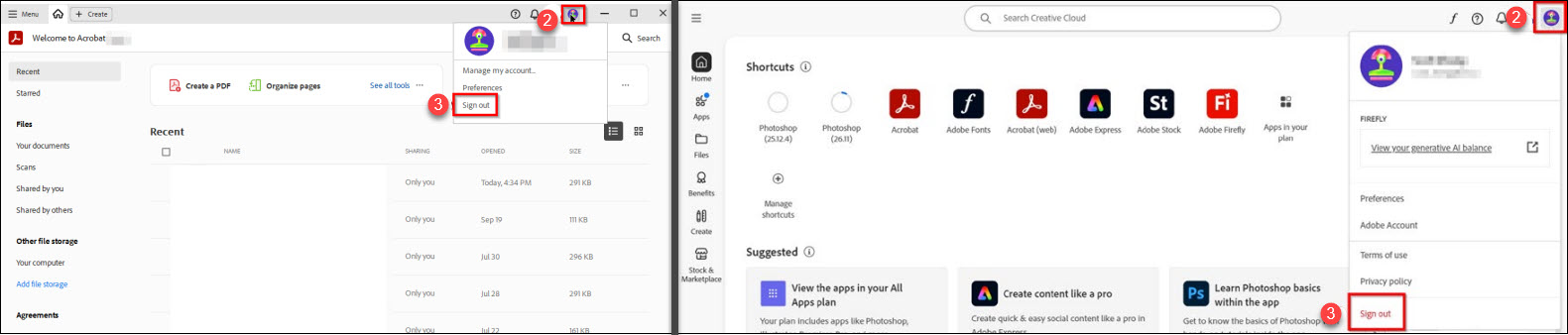 Screenshot of signing in to Adobe application and signing out