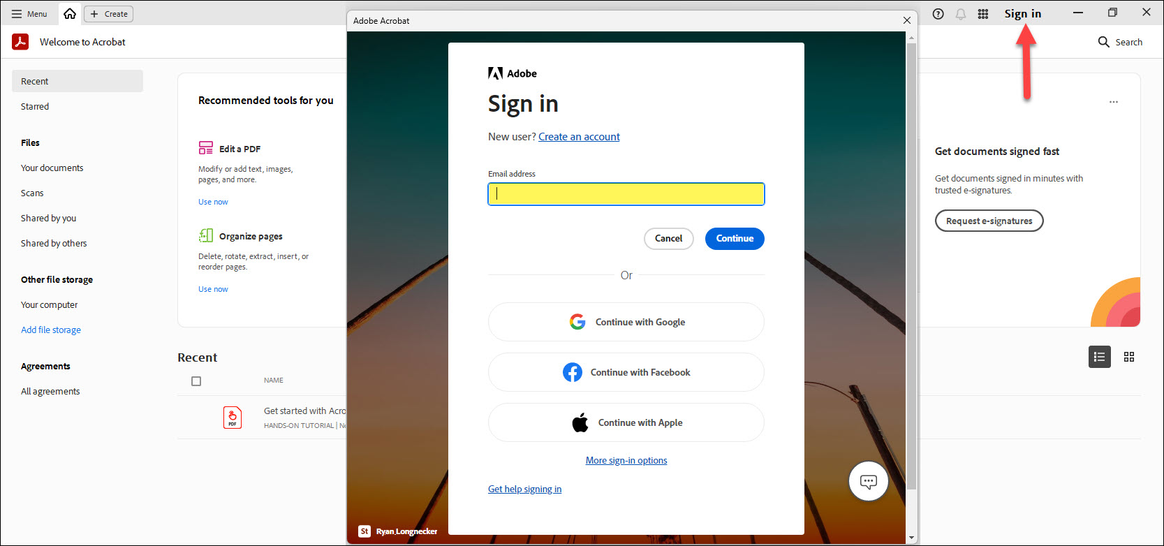Screenshot logging back in to Adobe