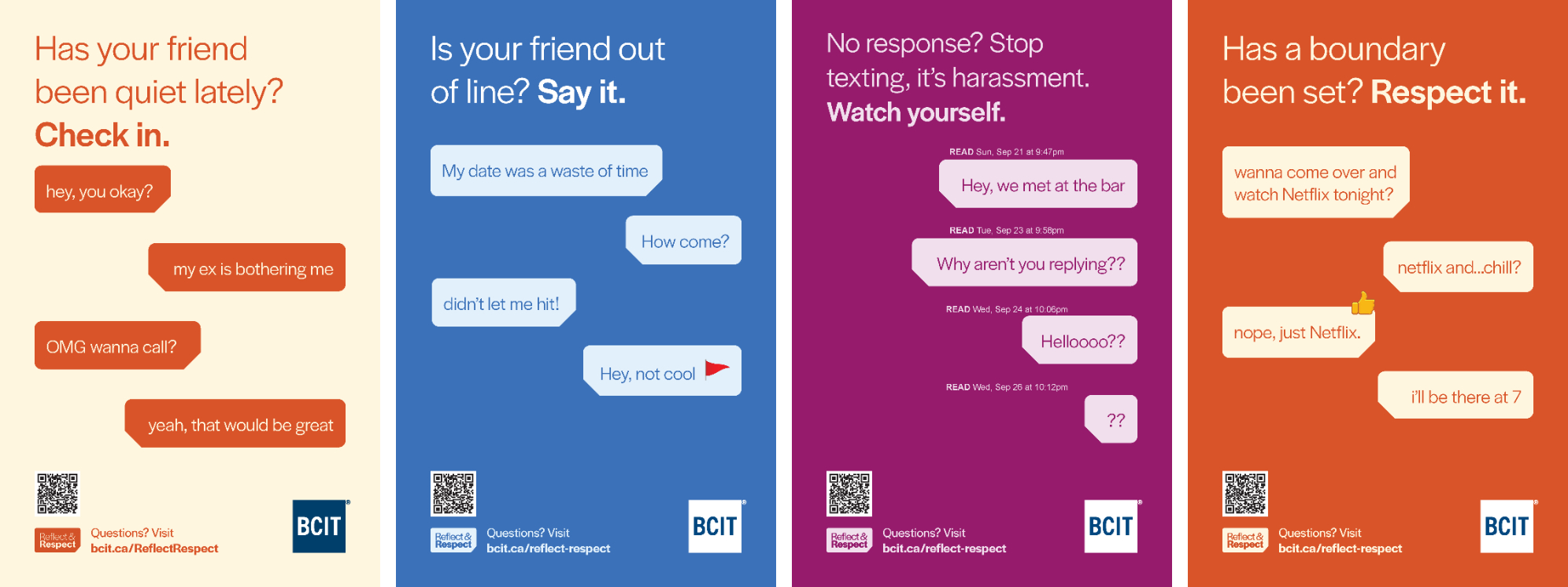 Banner with four BCIT Reflect & Respect posters about checking in, calling out harmful behaviour, and stopping harassment. 