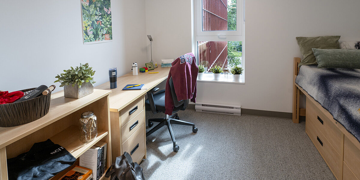 Tall Timber room with desk and bed