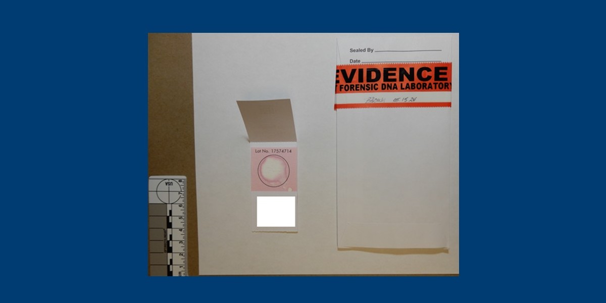 photo of an envelope with the word evidence written on it, and a pink cheek swab DNA sample