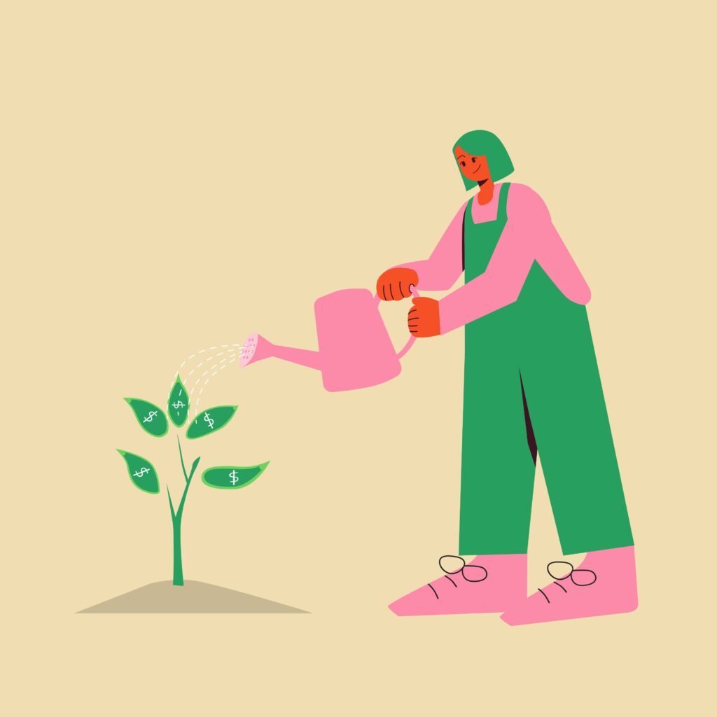 A person watering a small plant with dollar signs on the leaves.