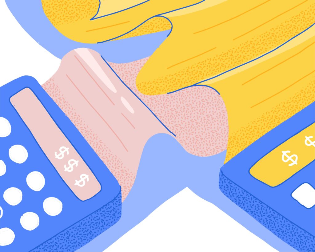 A calculator with 3 dollar signs on the screen is next to another calculator. Both are printing out paper.