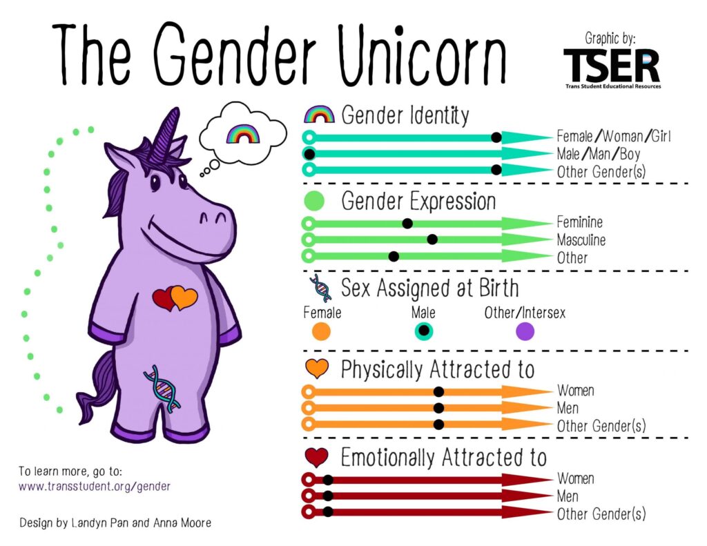 Diagram of a unicorn and scales for gender identity, gender expression, sex assigned at birth, physical attraction, and emotional attraction to indicate these are all on a spectrum.
