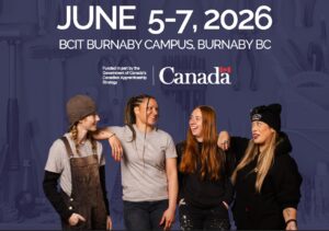 4 women and gender-diverse trades workers stand together, with relaxed and happy demeanour