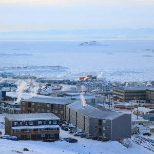 A view of a city in the winter.