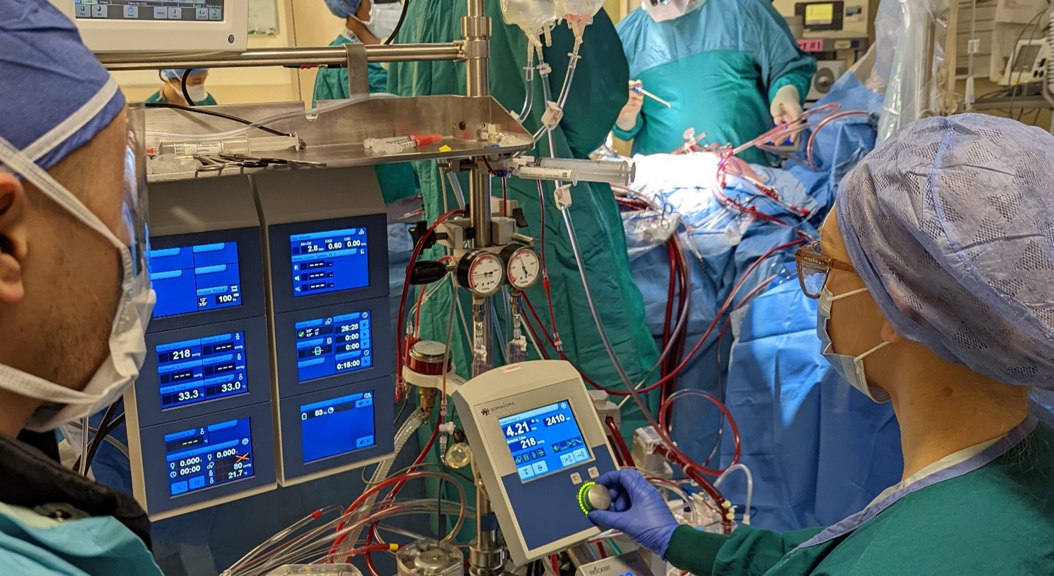 Perfusionist in surgical suite monitoring equipment