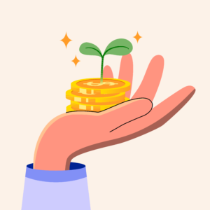 A hand holding a few coins with a plant spout coming out of the top of the coins. 