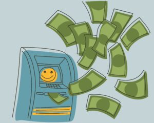 An ATM with money flying out of it.