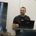 Peter Boeckeler from Kalesnikoff delivering a guest lecture on mass timber connections as part of the practiucm.