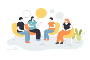 An illustration of 4 people sitting in yellow chairs with thought bubbles above their heads.