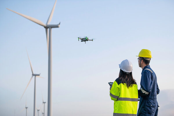 Two engineers working and holding the report at wind turbine far